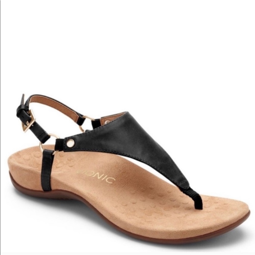 Vionic Kirra Black Leather Thong Sandals